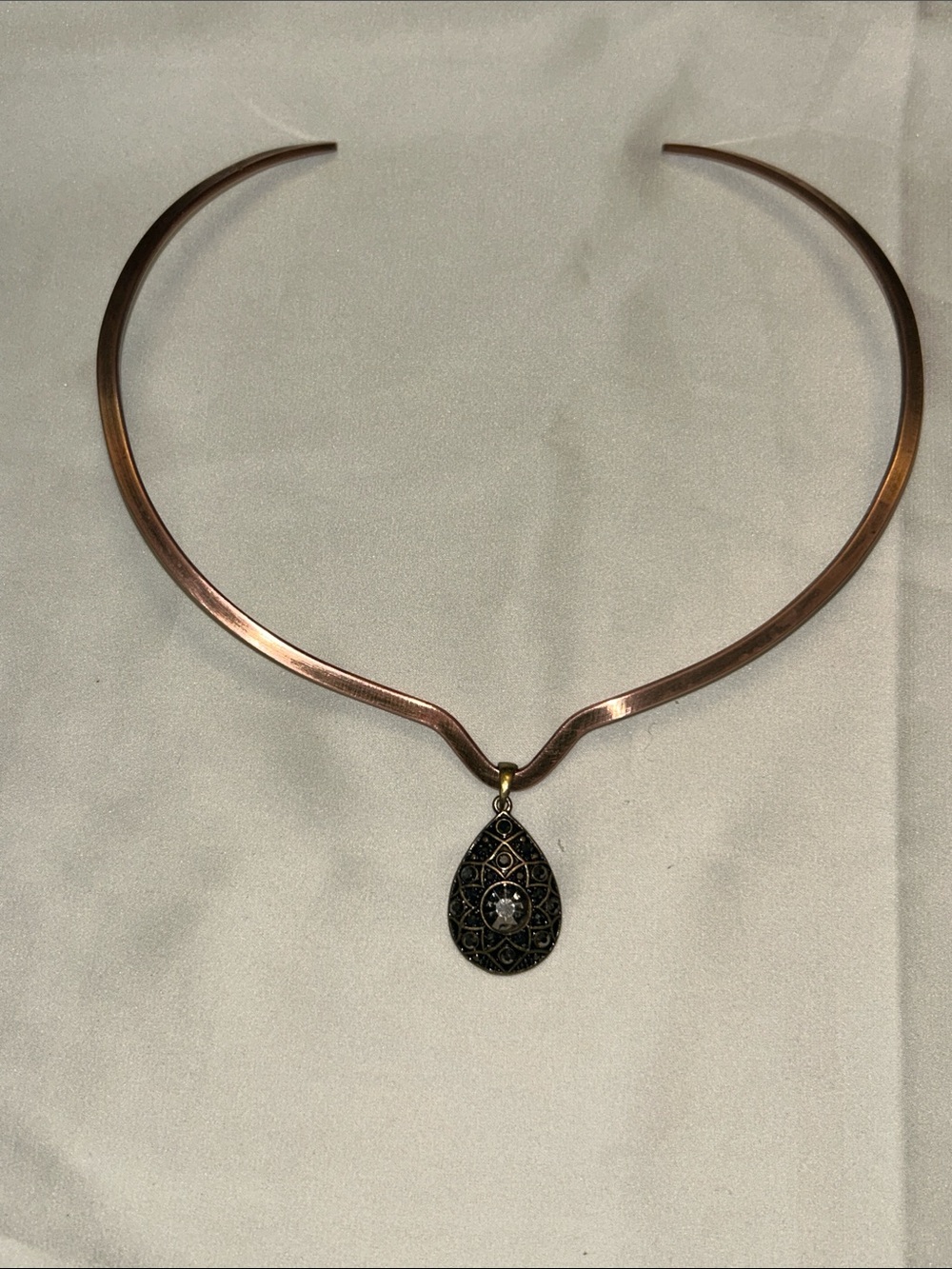 Elegant Copper Collar Necklace with Amethyst Color Teardrop Pendant